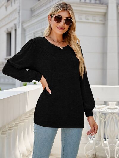 swvws Heathered Round Neck Lantern Sleeve Blouse