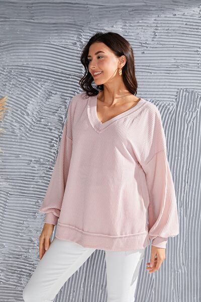 swvws V-Neck Drop Shoulder Lantern Sleeve Blouse