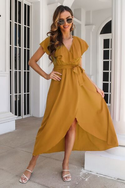 swvws Ruffled Surplice Tie Waist Slit Midi Dress