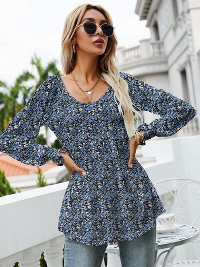 swvws Printed Scoop Neck Lantern Sleeve Blouse