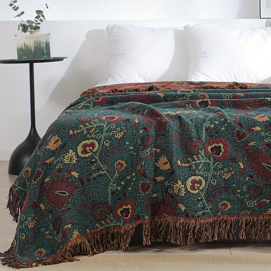 1pc Bohemian Floral Throw Blanket With Tassel, Peacock Pattern, Soft Comfort, Versatile For Napping Air Conditioning Couch Cover