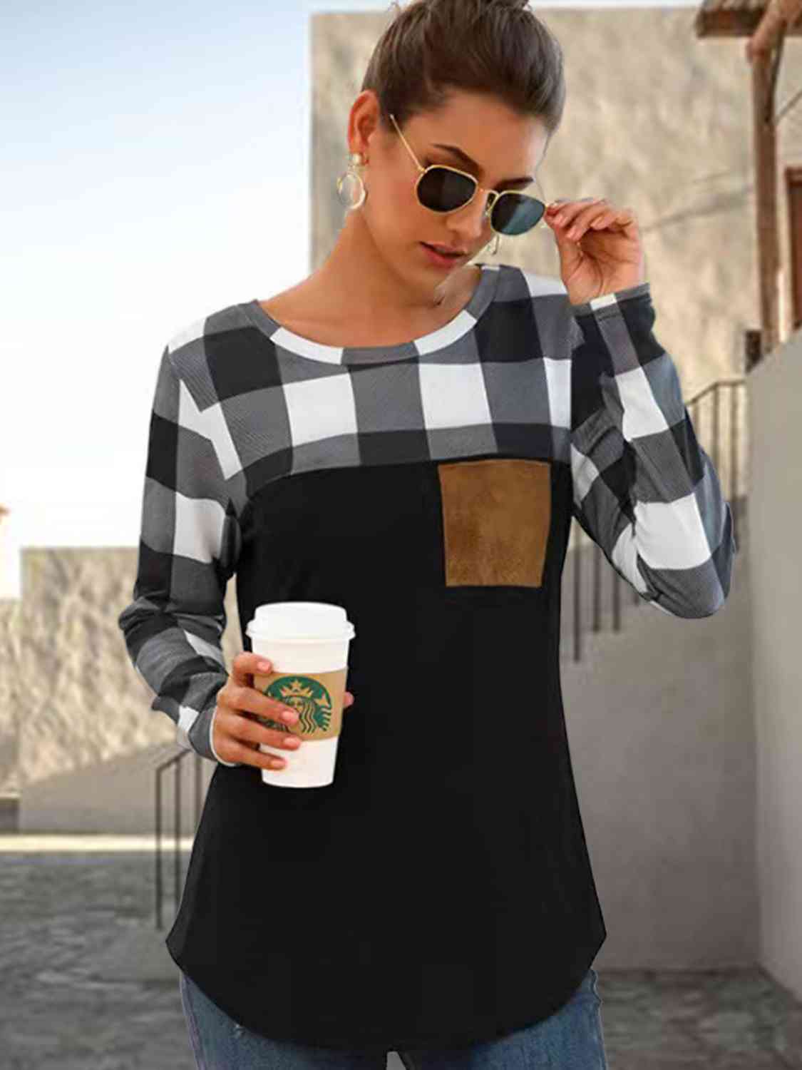 swvws Plaid Round Neck Long Sleeve T-Shirt