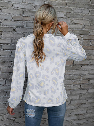 swvws Leopard V-Neck Decorative Button Long Sleeve Blouse