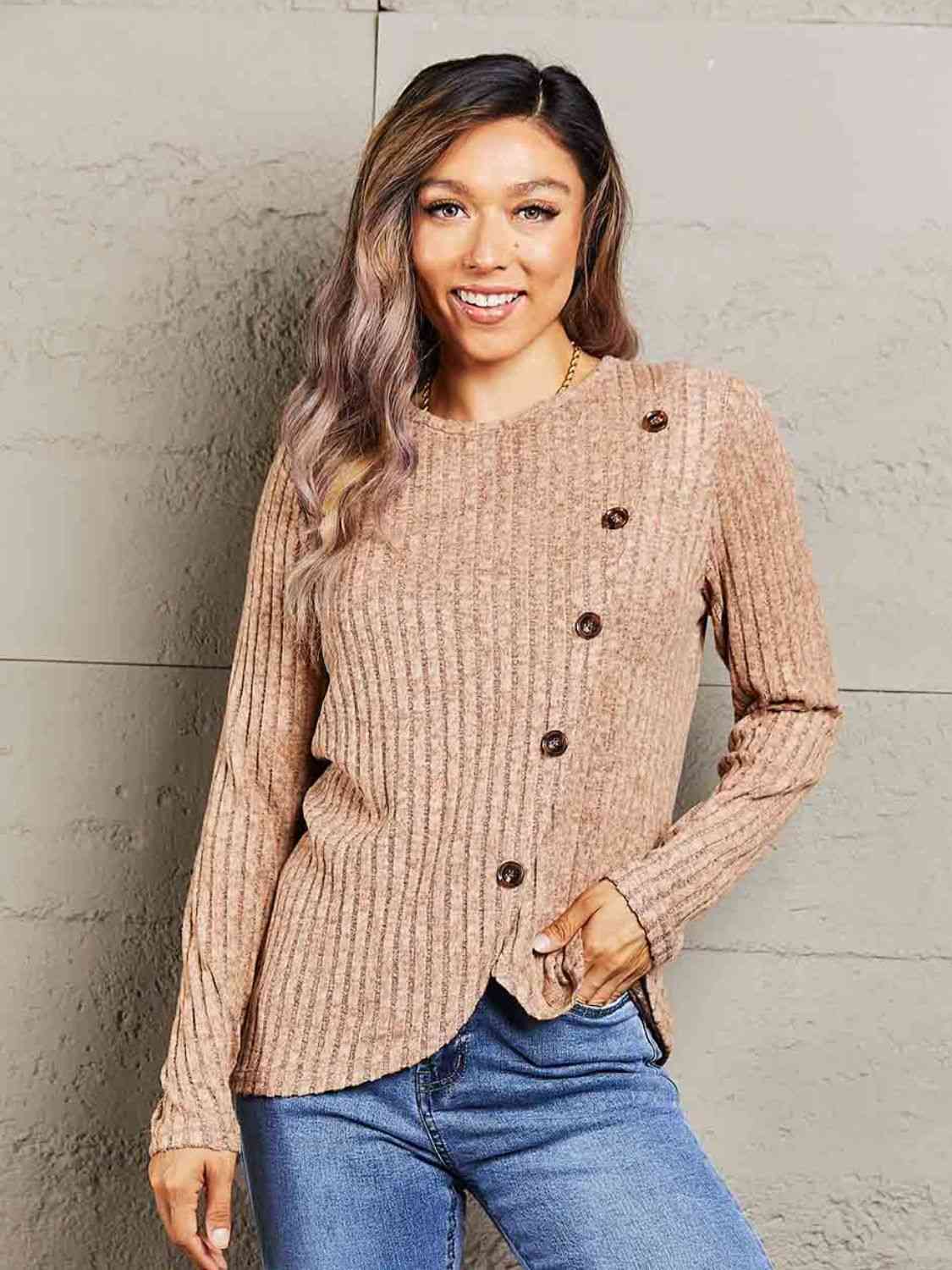 swvws Double Take Ribbed Round Neck Buttoned Long Sleeve Tee