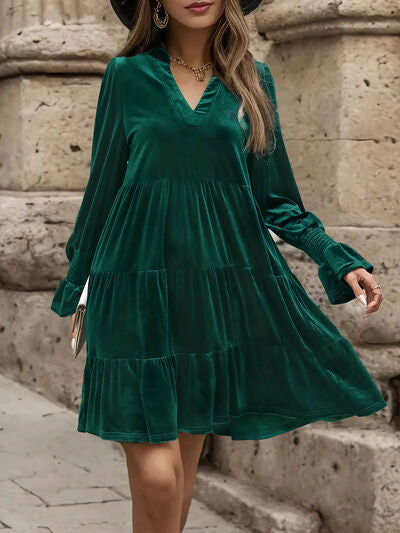 swvws Notched Long Sleeve Tiered Dress