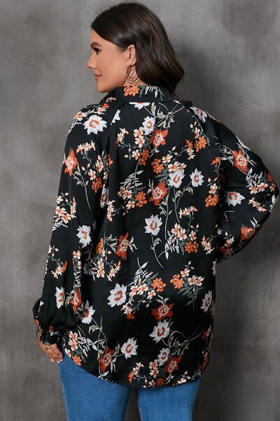 swvws Plus Size Printed Johnny Collar Long Sleeve Blouse