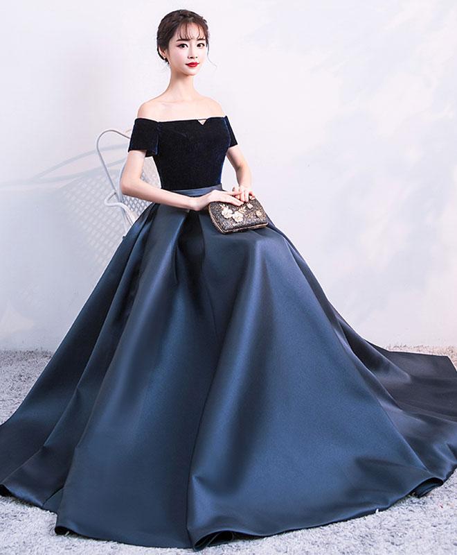 Tmallworld Elegant Velvet and Satin Off Shoulder Floor Length Party Dress, Blue Evening Gowns, Party Dress