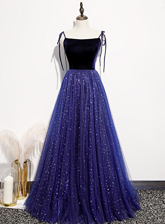 Tmallworld Beautiful Blue Velvet Straps Tulle Long Formal Dress, Blue Bridesmaid Dress Evening Dresses