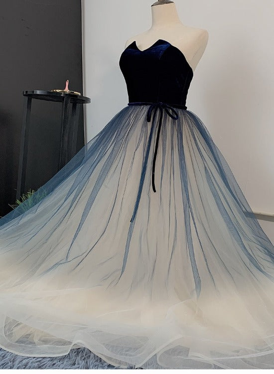 Tmallworld Unique Navy Blue Gradient Tulle with Velvet Top Prom Dress, Tulle Long Party Dress Formal Dress