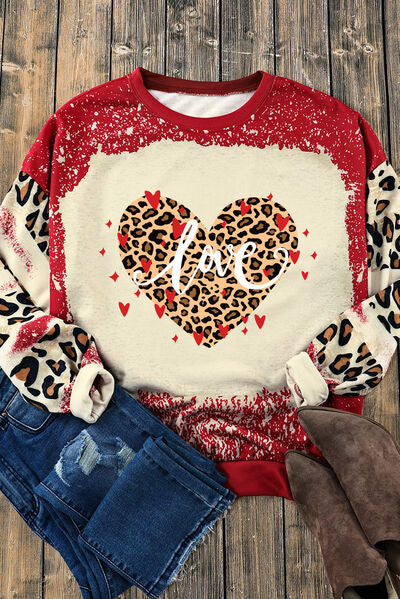 swvws LOVE Heart Leopard Round Neck Sweatshirt