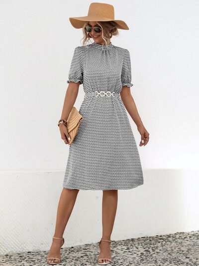 swvws Printed Mock Neck Flounce Sleeve Dress