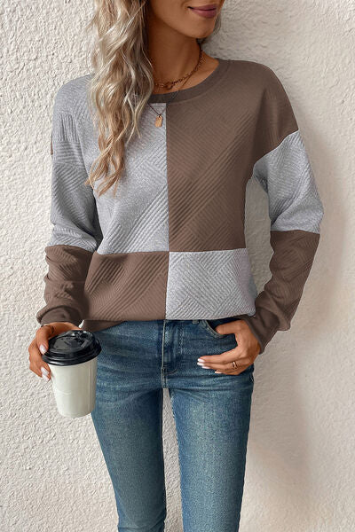 swvws Textured Color Block Round Neck Sweatshirt