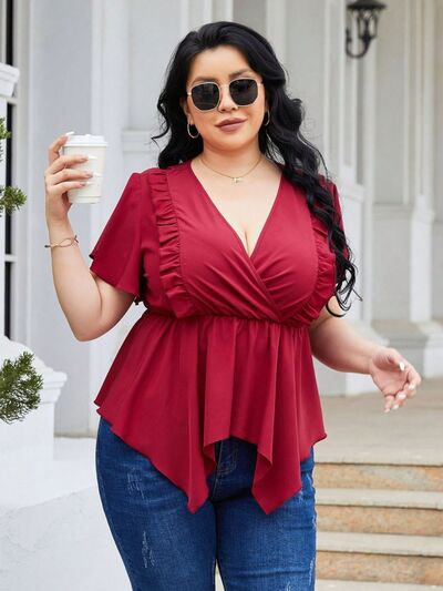 swvws Plus Size Frill Surplice Flutter Sleeve Blouse