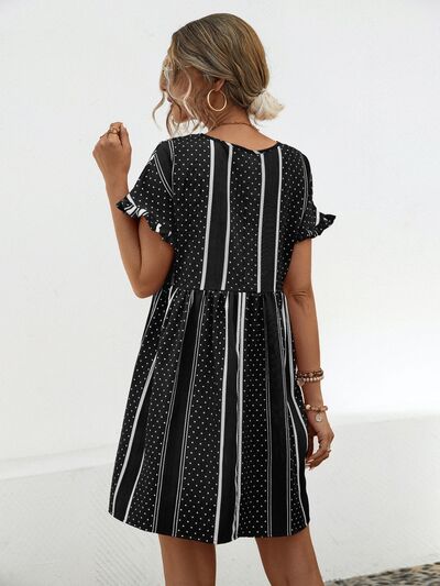 swvws Striped Polka Dot Frill Short Sleeve Mini Dress