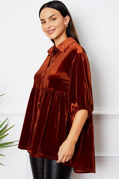 swvws Velvet Tiered Button Up Collared Neck Shirt