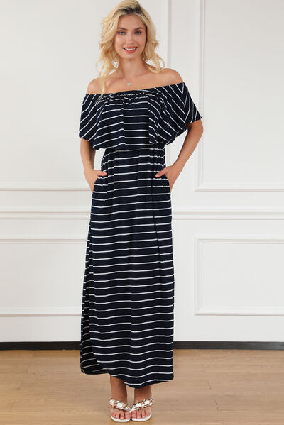 swvws Striped Off-Shoulder Slit Dress