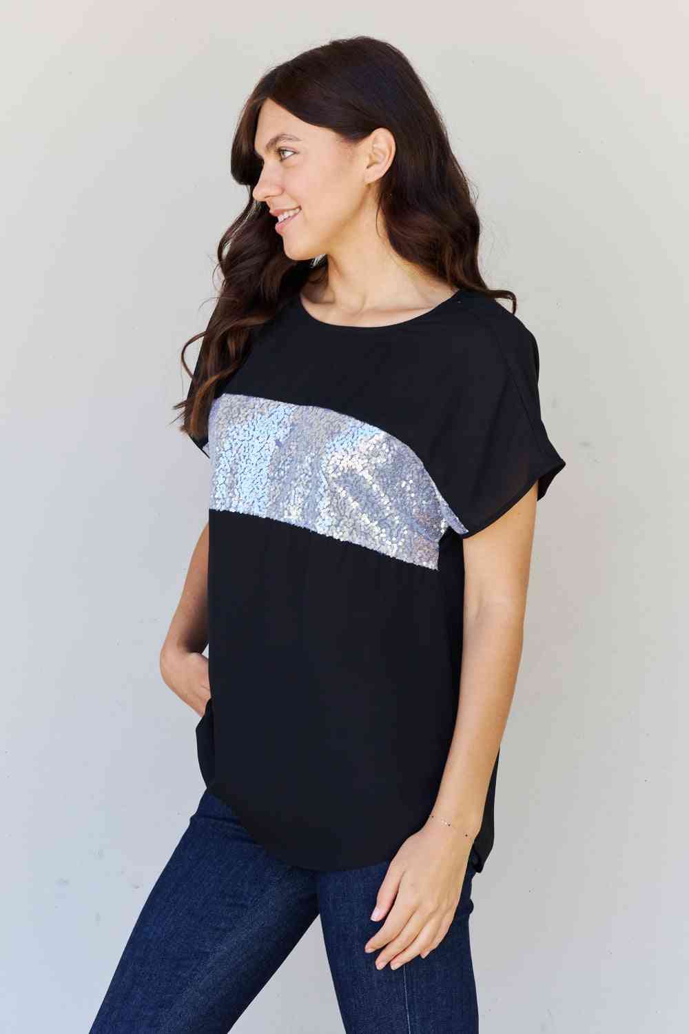 swvws Sew In Love Shine Bright Full Size Center Mesh Sequin Top in Black/Silver