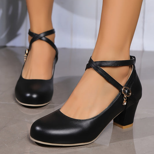 Stylish Chunky Mid Heel Pumps - Women Shoes with Crisscross Buckle Strap, Solid Color, All-Match Dress Shoes for Work, Party, and Daily Wear