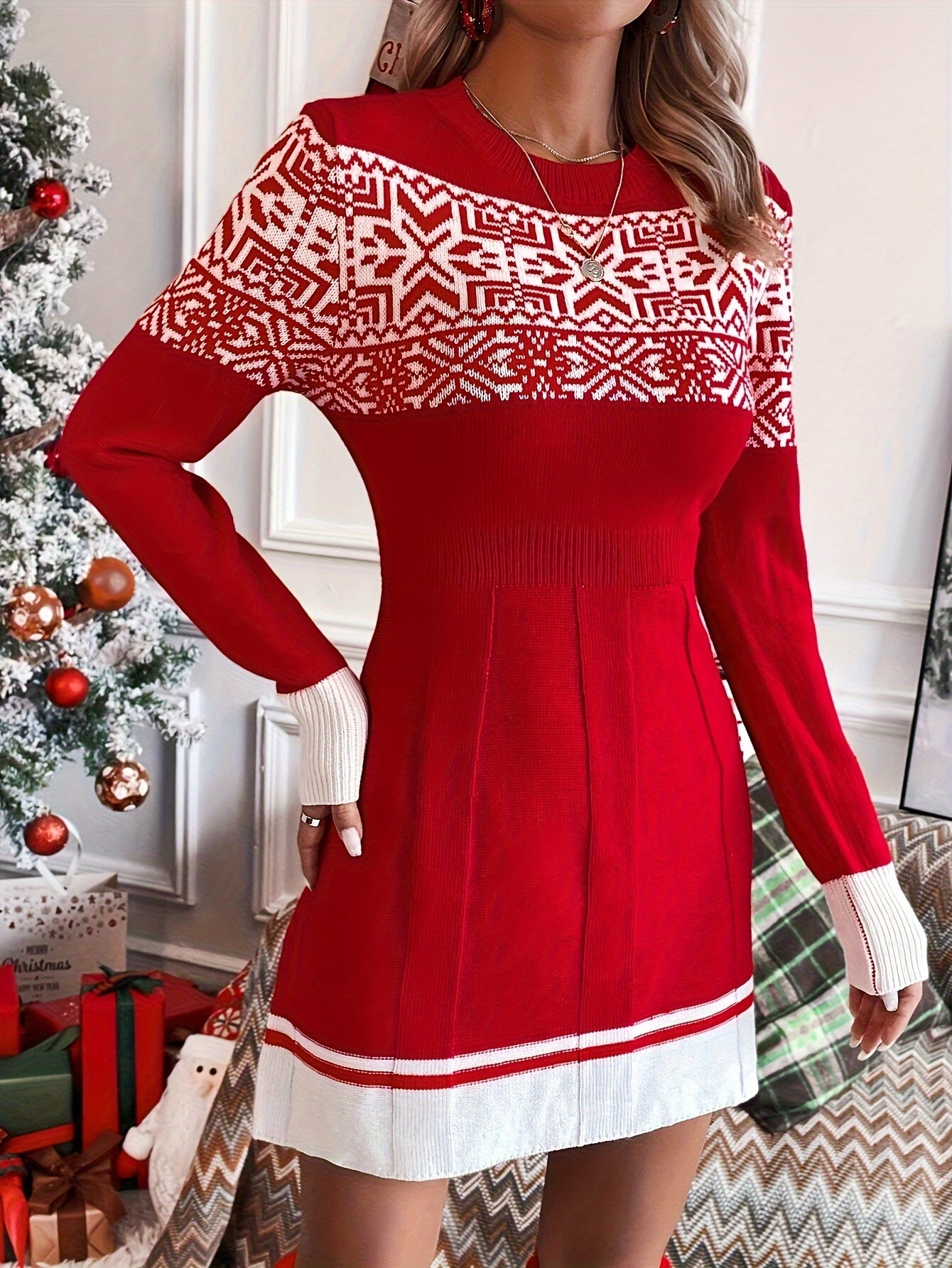 Snowflake Pattern Long Sleeve Knit Dress, Elegant Crew Neck Slim Dress For Fall & Winter, Women's Clothing