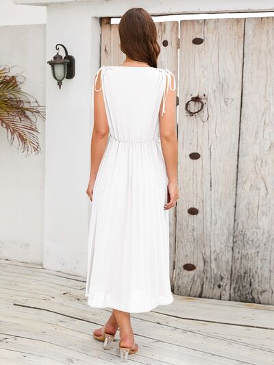 swvws Pleated V-Neck Sleeveless Midi Dress