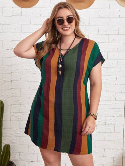 swvws Plus Size Striped Short Sleeve Mini Dress