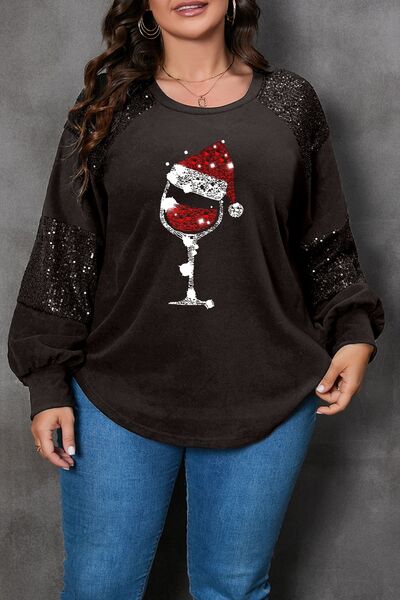 swvws Plus Size Graphic Sequin Long Sleeve Round Neck T-Shirt