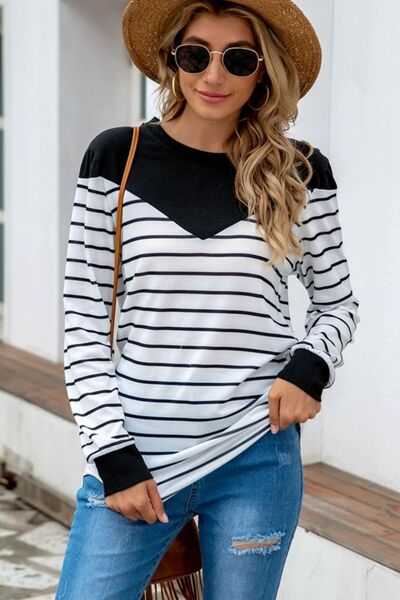 swvws Striped Round Neck Long Sleeve T-Shirt