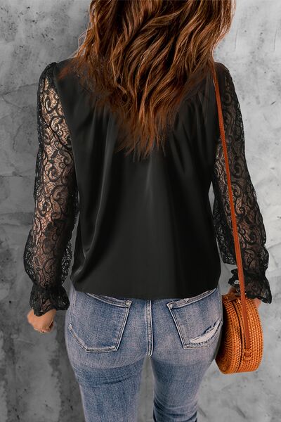 swvws Lace Detail Mock Neck Flounce Sleeve Blouse