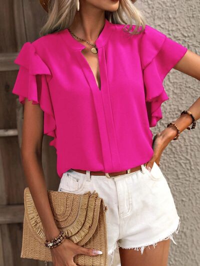 swvws Ruffled Notched Short Sleeve Blouse