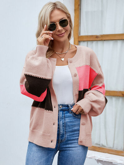 swvws Color Block Button Up Lantern Sleeve Cardigan