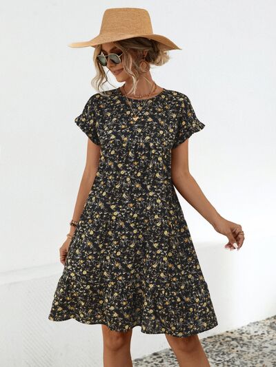 swvws Frill Floral Round Neck Short Sleeve Tiered Dress