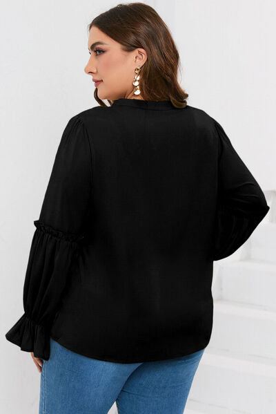 swvws Plus Size Ruffled Tie Neck Flounce Sleeve Blouse