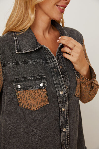 swvws Leopard Raw Hem Pocketed Denim Jacket