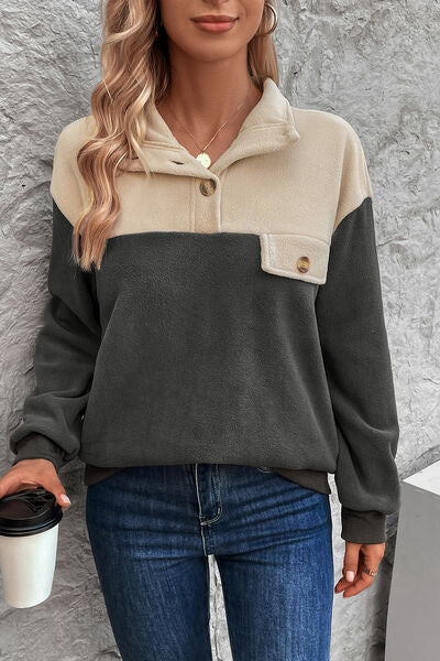 swvws Color Block Quarter Button Dropped Shoulder Sweatshirt