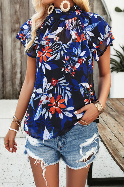 swvws Printed Ruffled Mock Neck Blouse