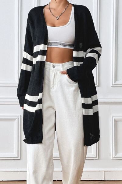 swvws Striped Open Front Dropped Shoulder Cardigan