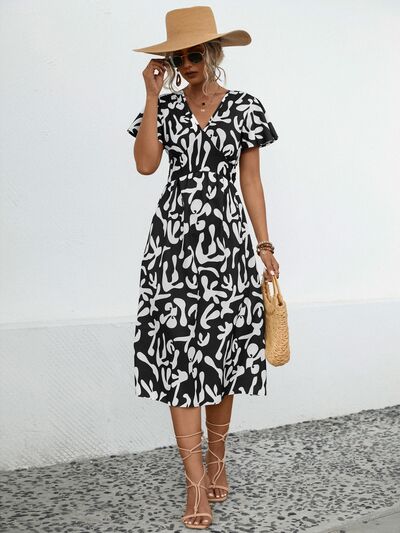 swvws Printed V-Neck Short Sleeve Dress