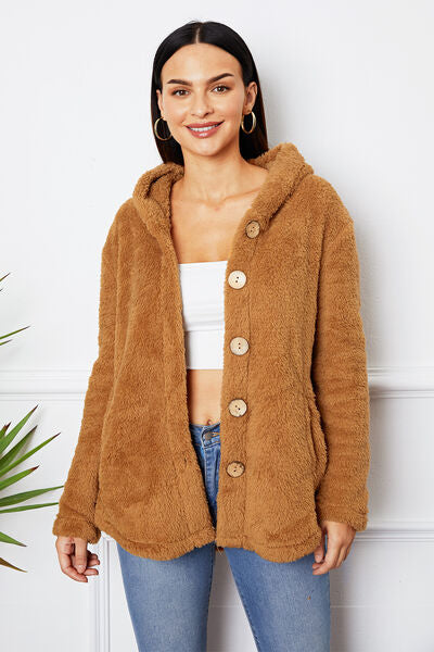 swvws Fuzzy Button Up Hooded Outerwear