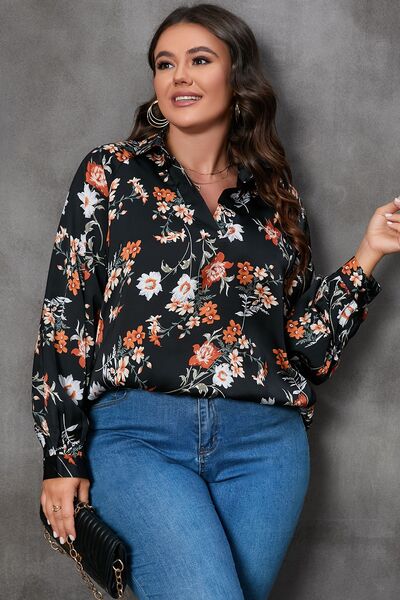 swvws Plus Size Printed Johnny Collar Long Sleeve Blouse