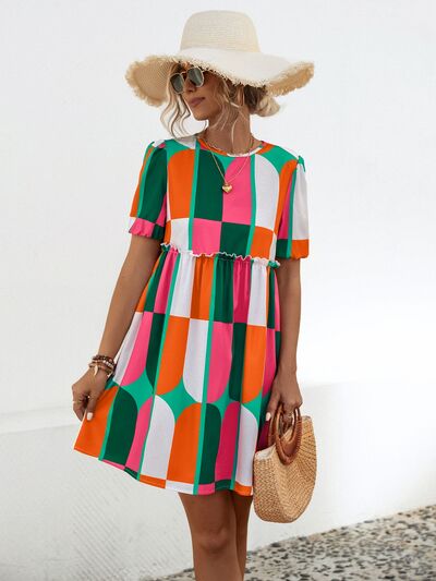 swvws Geometric Frill Round Neck Short Sleeve Dress