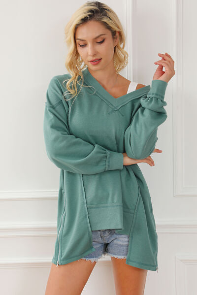 swvws Exposed Seam V-Neck Zip Detail Sweatshirt