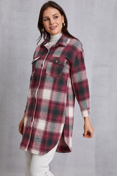 swvws Plaid Button Up Dropped Shoulder Coat with Pockets