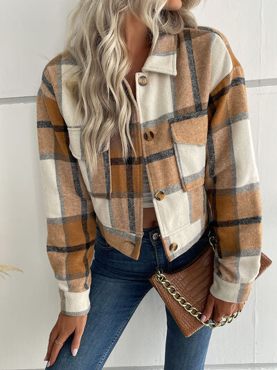 swvws Plaid Button Up Drop Shoulder Cropped Jacket