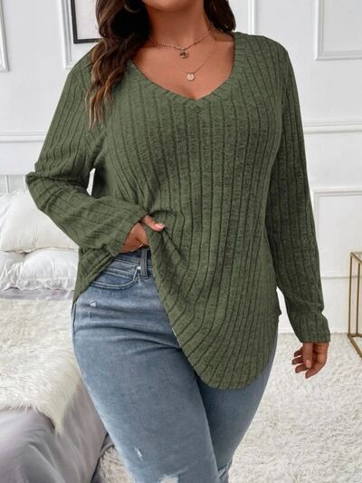 swvws Plus Size V-Neck Long Sleeve T-Shirt