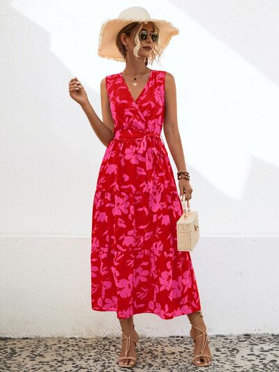 swvws Tied Printed Surplice Tiered Dress