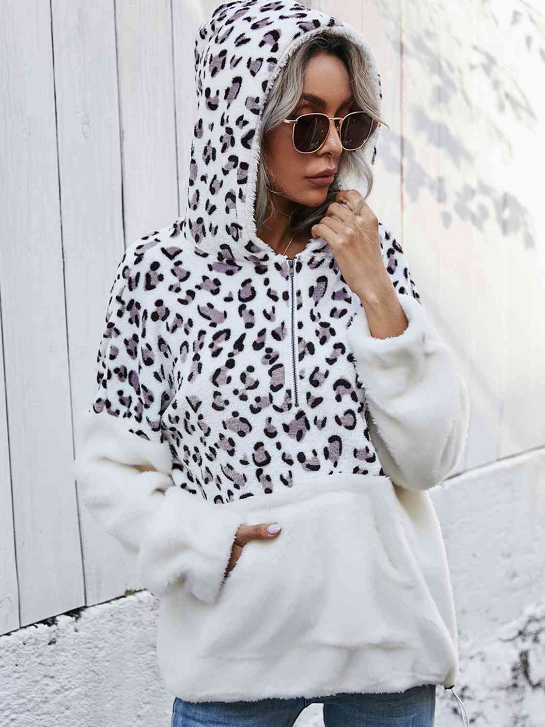 swvws Leopard Half-Zip Dropped Shoulder Hoodie