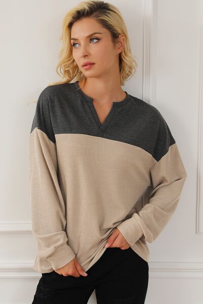 swvws Color Block Notched Long Sleeve Sweatshirt