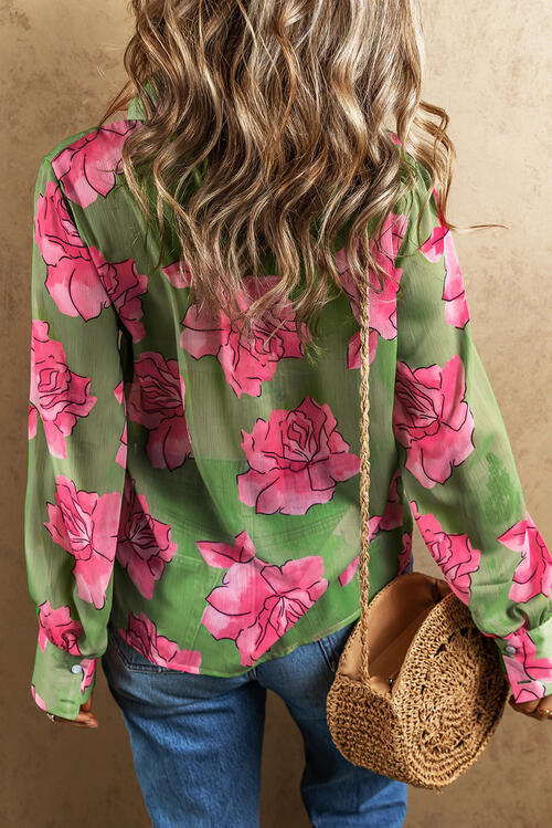 swvws Flower Collared Neck Long Sleeve Shirt