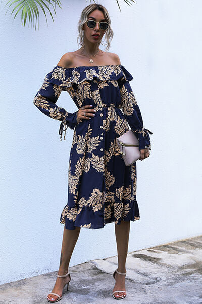 swvws Ruffled Printed Off-Shoulder Midi Dress