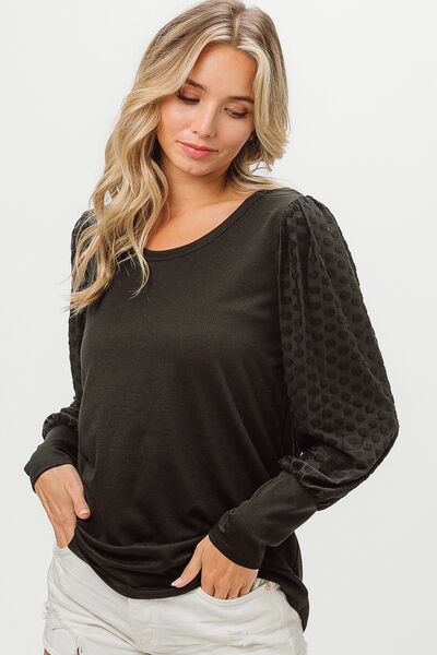 swvws BiBi Round Neck Polka Dot Lantern Sleeve Top